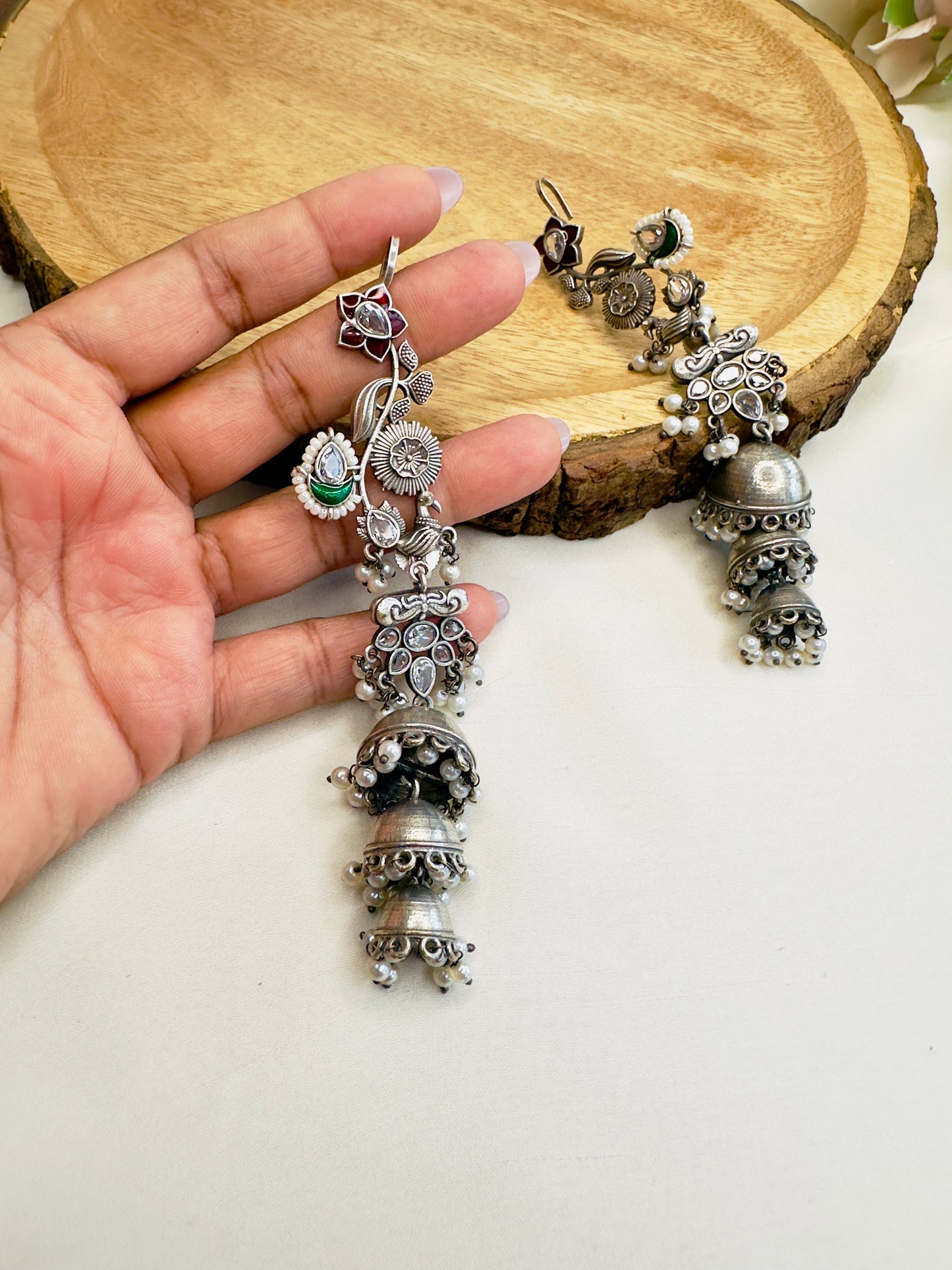 Three Jhumki Silver Replica Earrings with Ear cuff