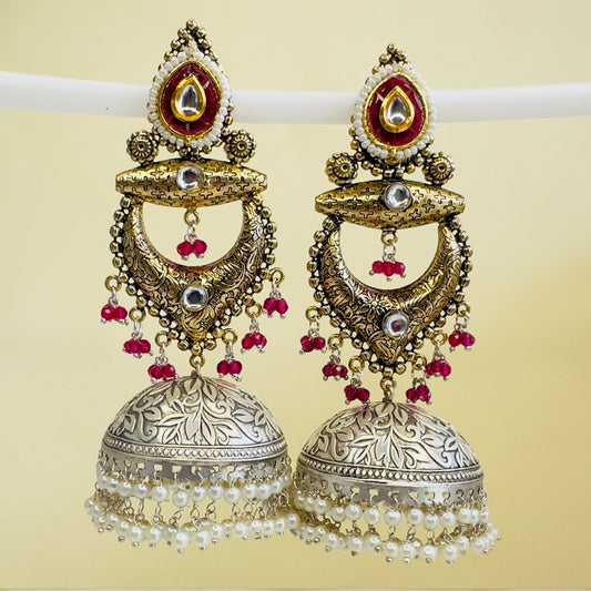 Dual Tone Silver replica Chandbaali Jhumki Earrings