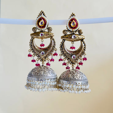 Dual Tone Silver replica Chandbaali Jhumki Earrings