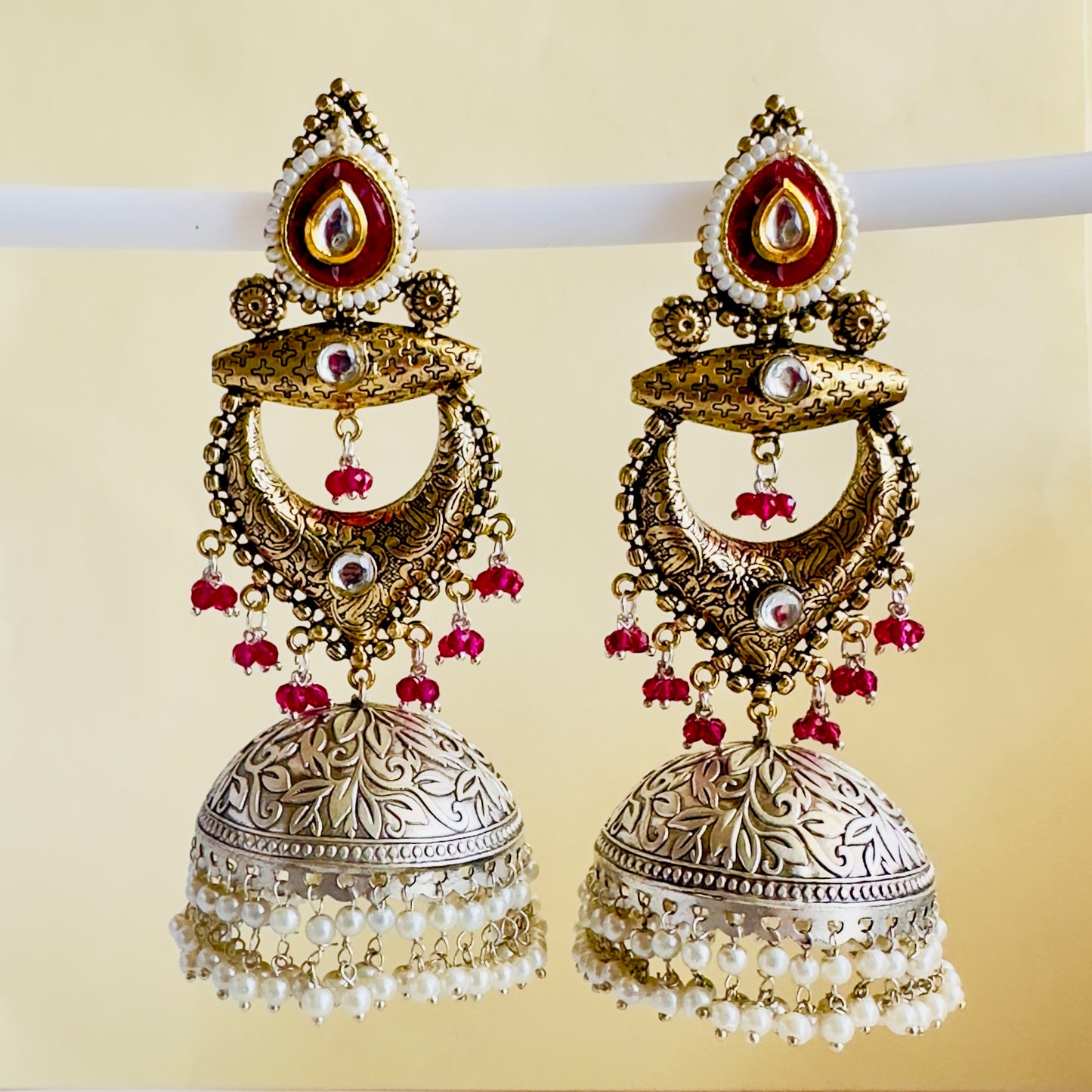 Dual Tone Silver replica Chandbaali Jhumki Earrings