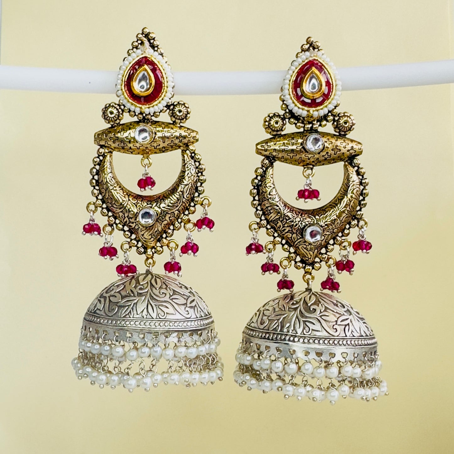 Dual Tone Silver replica Chandbaali Jhumki Earrings
