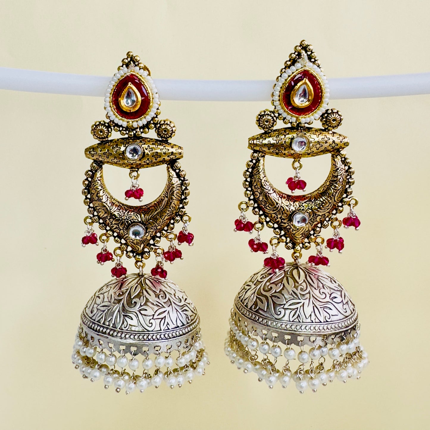 Dual Tone Silver replica Chandbaali Jhumki Earrings