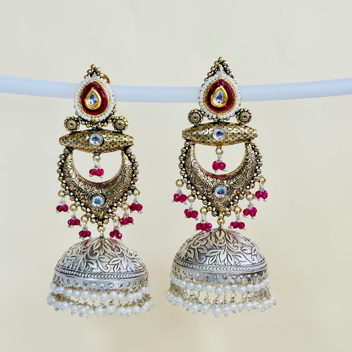 Dual Tone Silver replica Chandbaali Jhumki Earrings