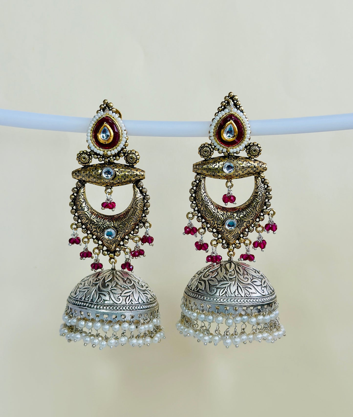 Dual Tone Silver replica Chandbaali Jhumki Earrings