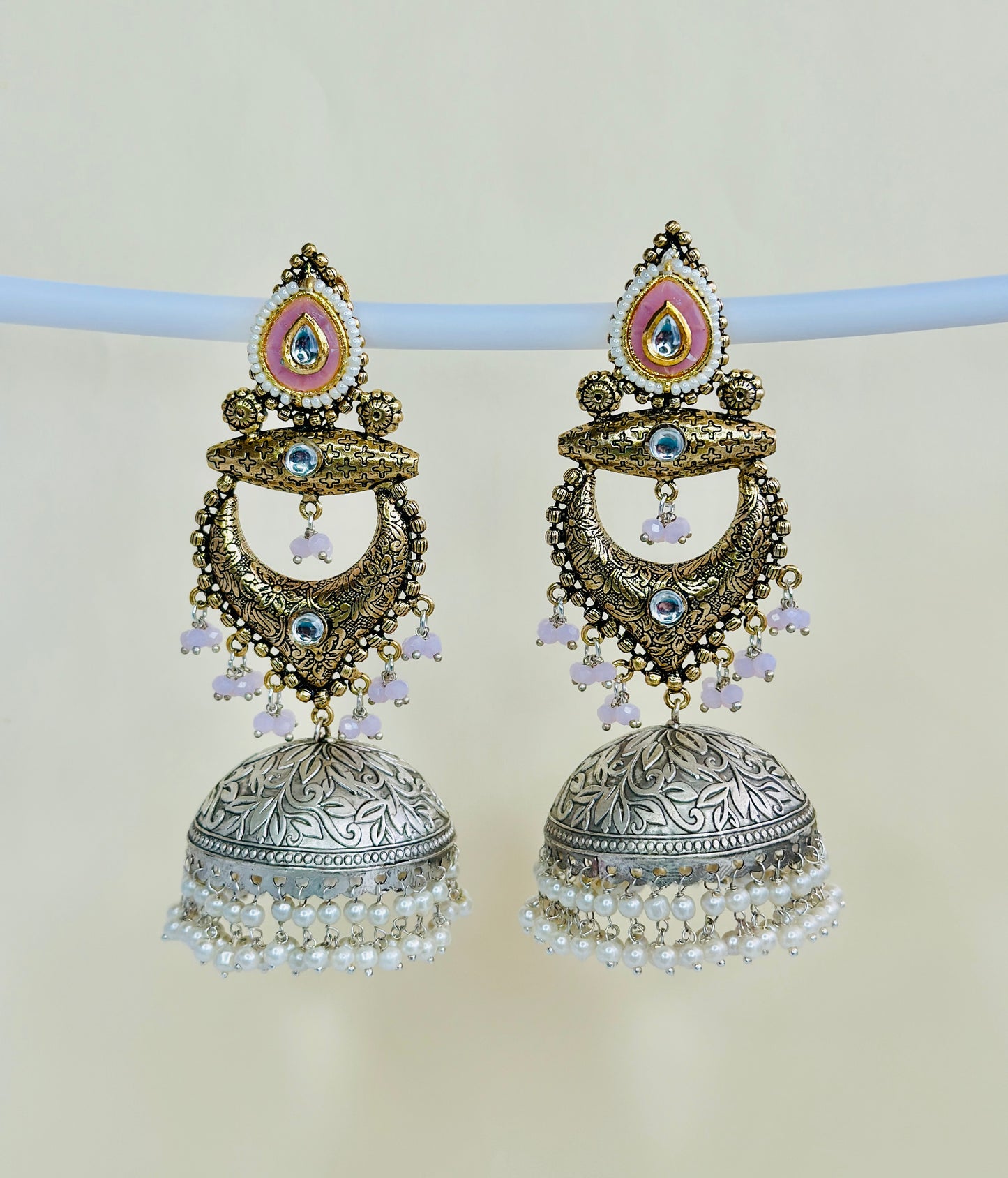 Dual Tone Silver replica Chandbaali Jhumki Earrings