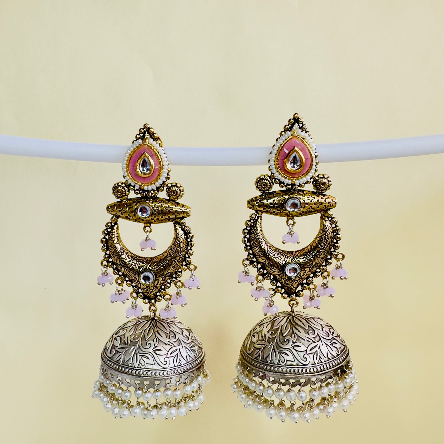 Dual Tone Silver replica Chandbaali Jhumki Earrings