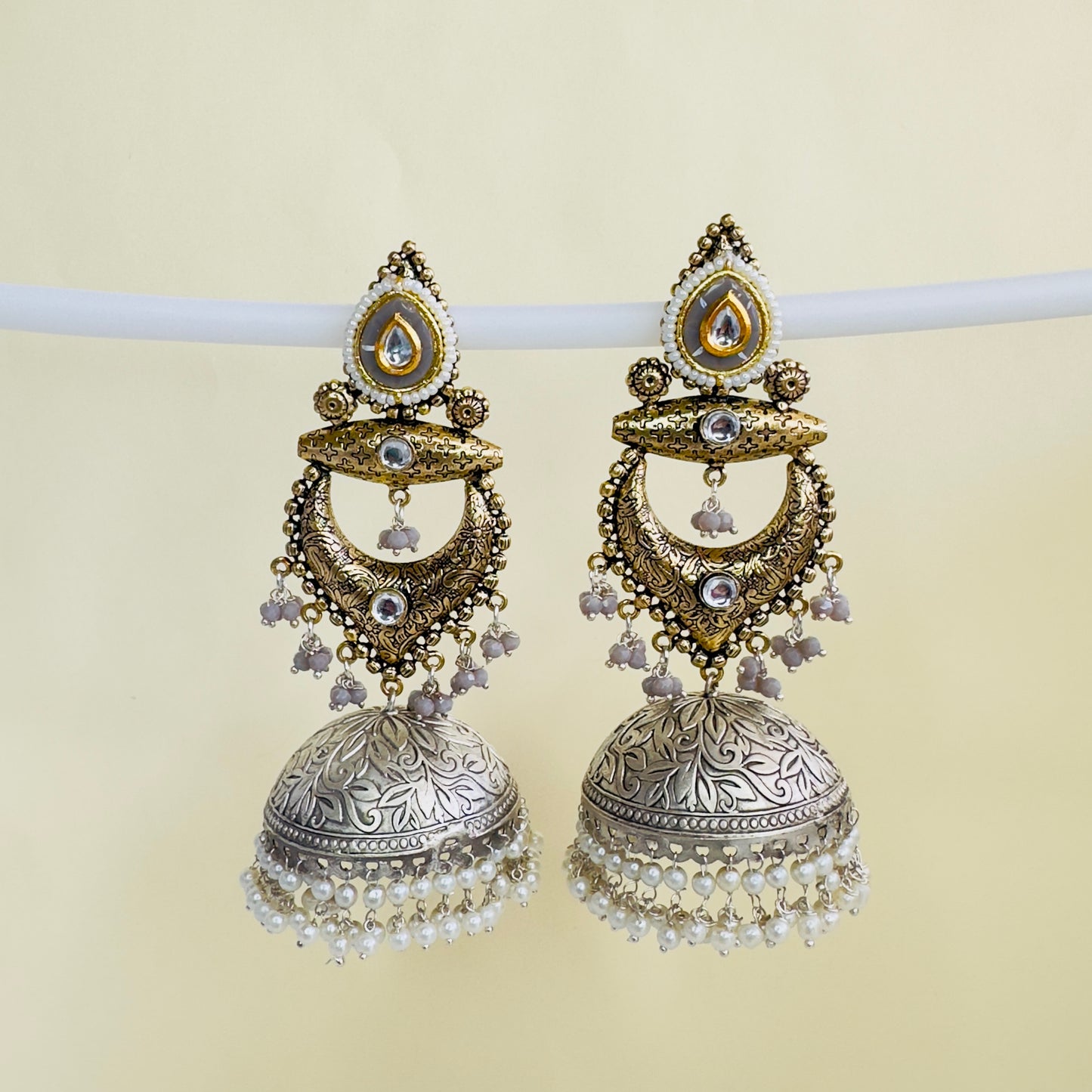 Dual Tone Silver replica Chandbaali Jhumki Earrings