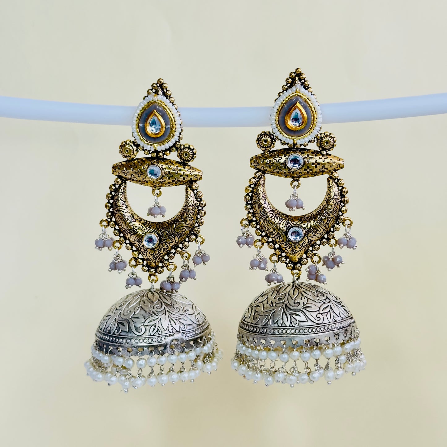 Dual Tone Silver replica Chandbaali Jhumki Earrings