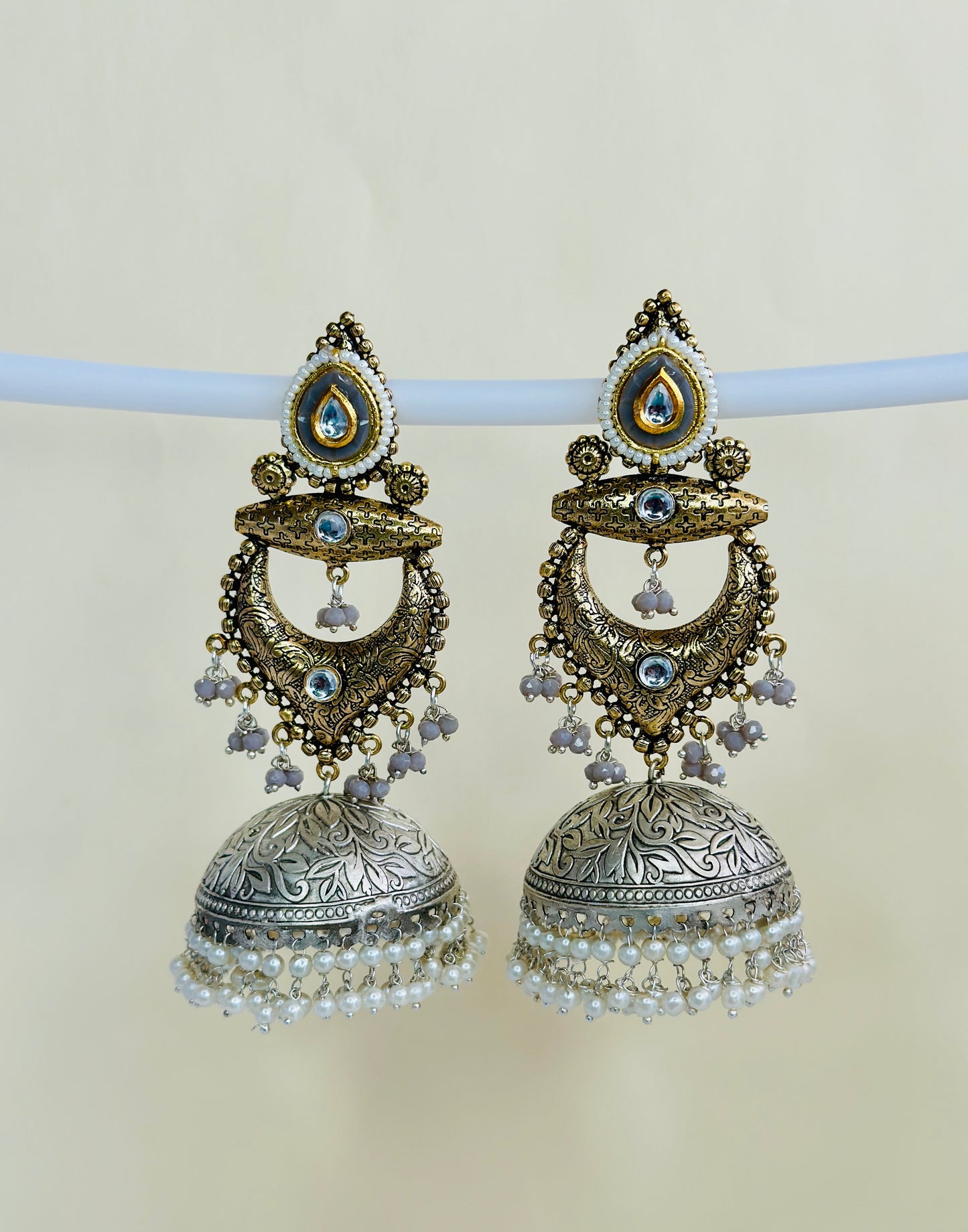 Dual Tone Silver replica Chandbaali Jhumki Earrings