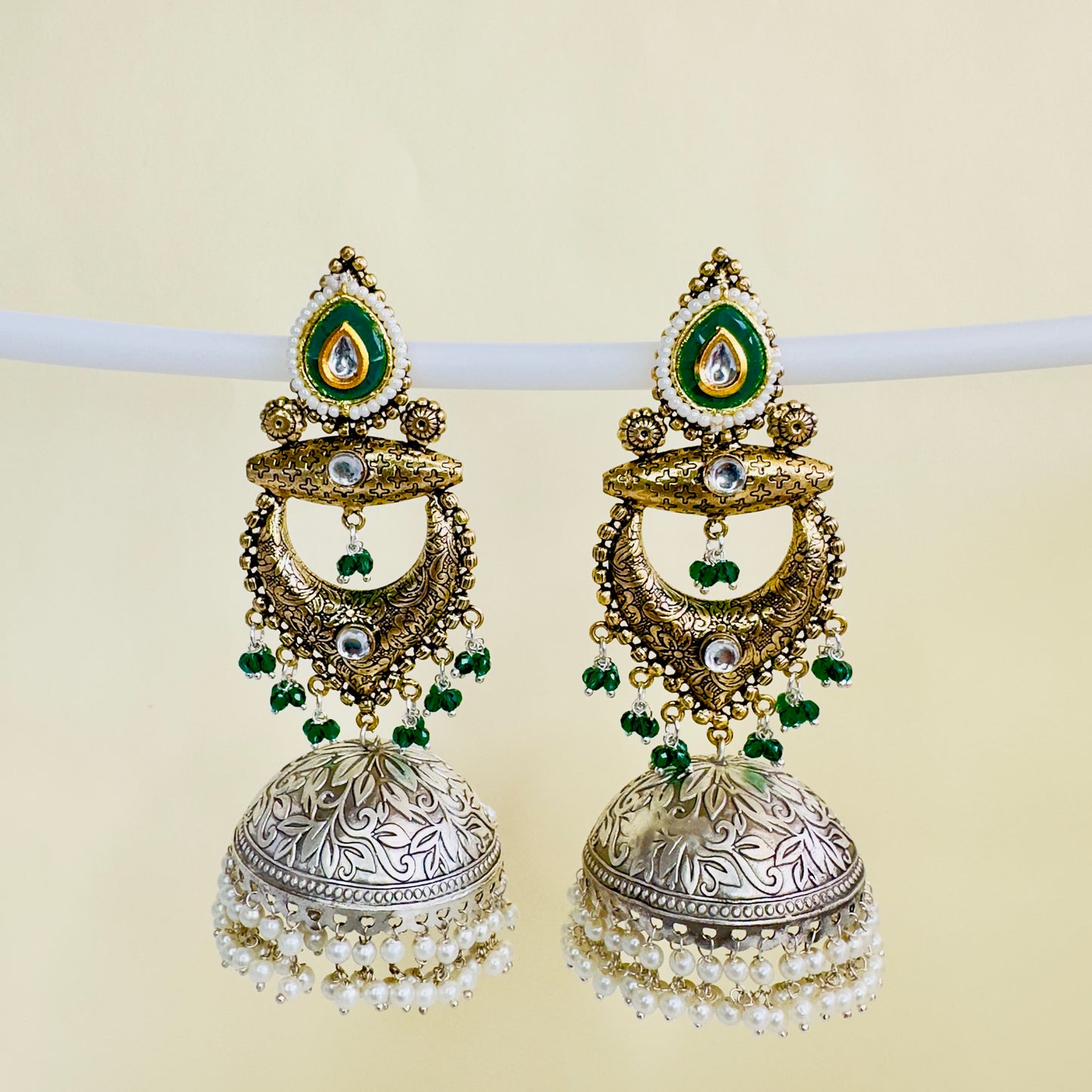 Dual Tone Silver replica Chandbaali Jhumki Earrings