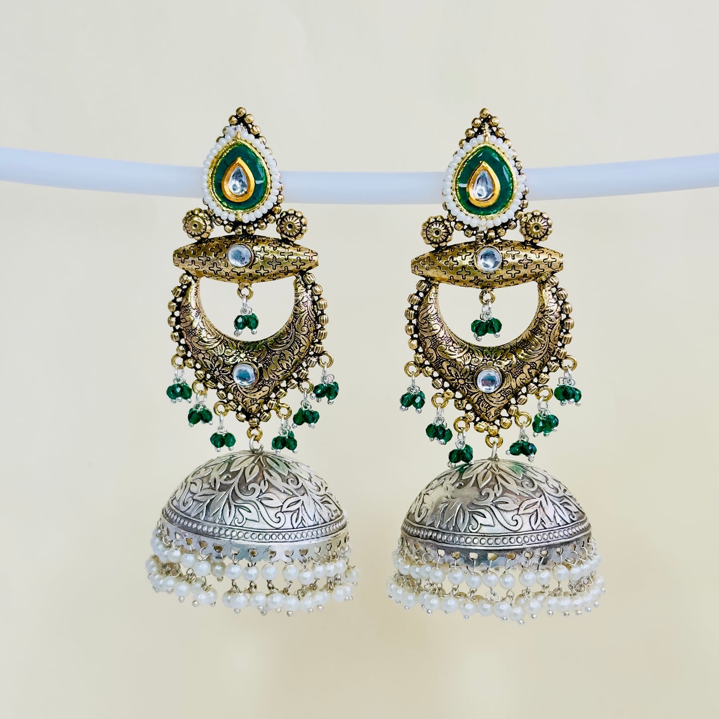 Dual Tone Silver replica Chandbaali Jhumki Earrings