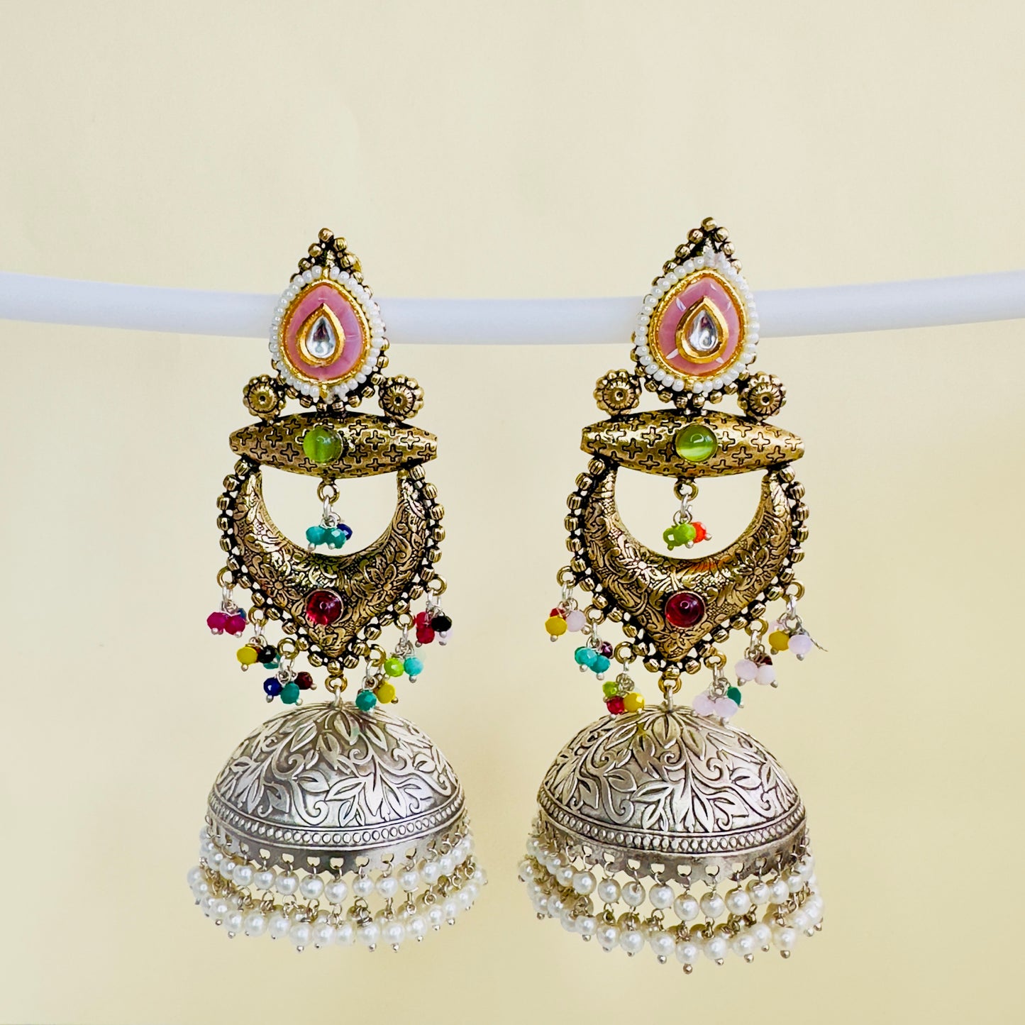 Dual Tone Silver replica Chandbaali Jhumki Earrings