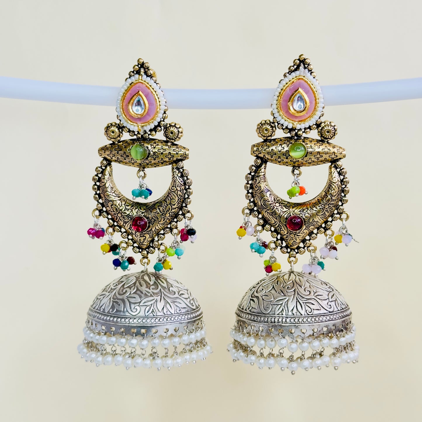Dual Tone Silver replica Chandbaali Jhumki Earrings