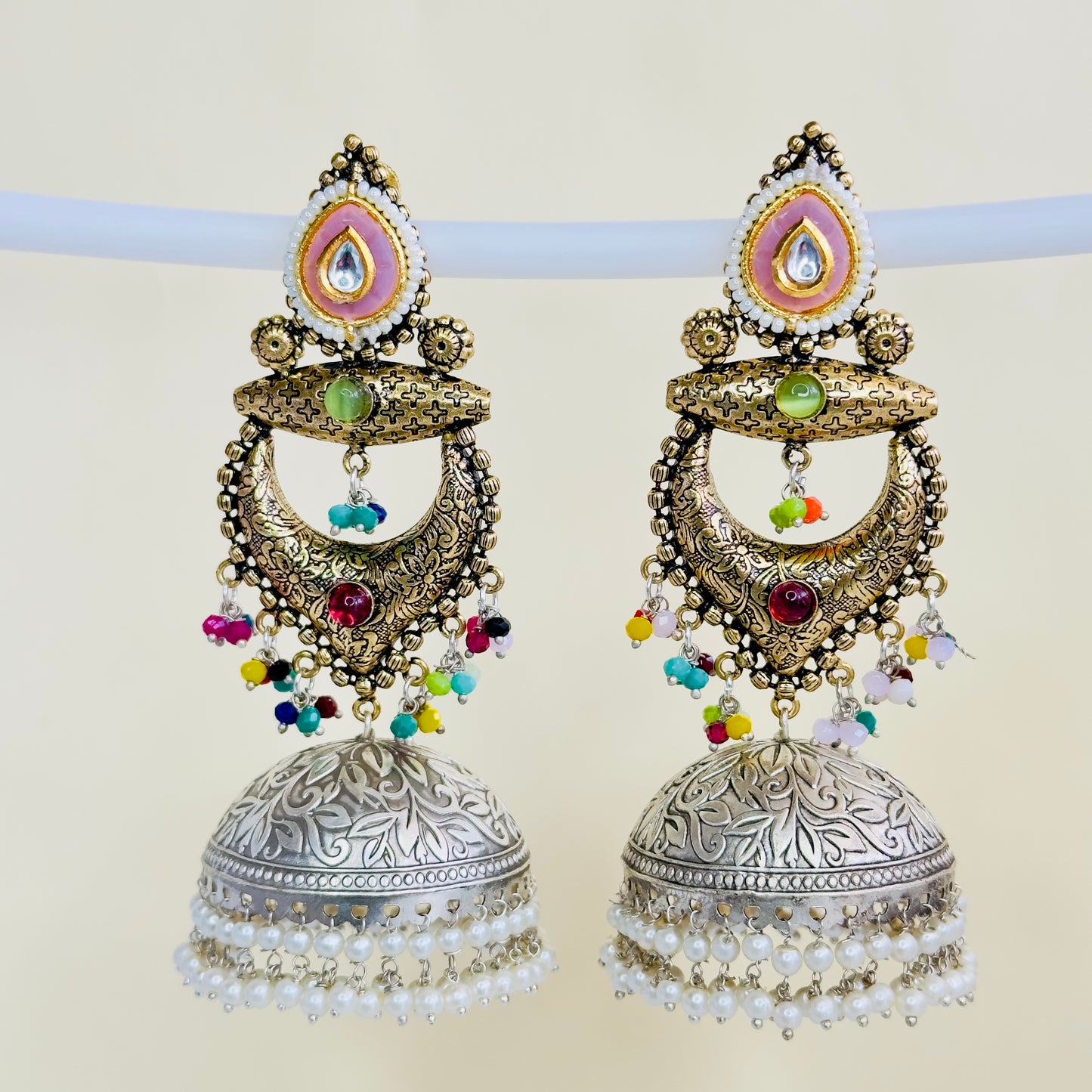 Dual Tone Silver replica Chandbaali Jhumki Earrings