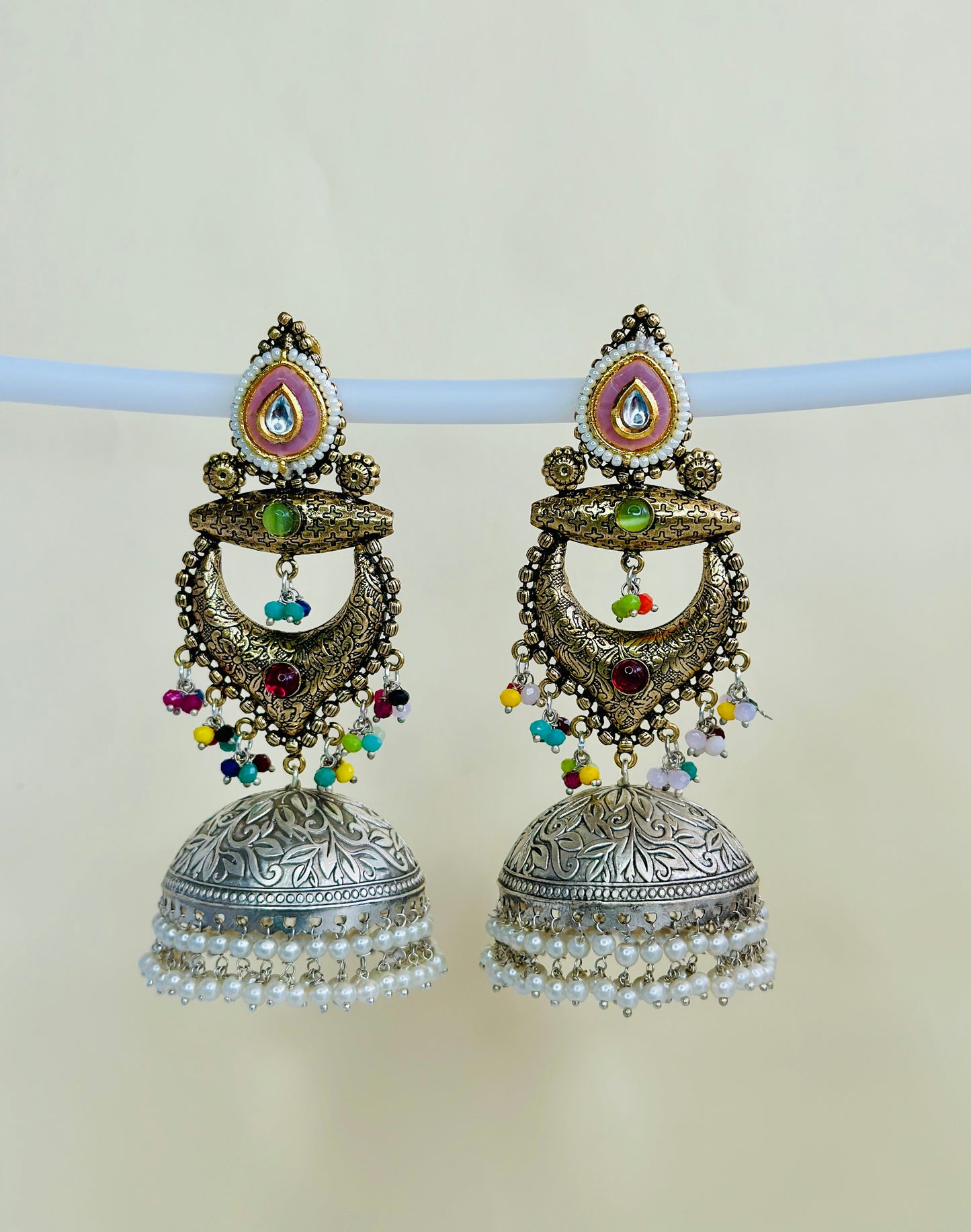 Dual Tone Silver replica Chandbaali Jhumki Earrings