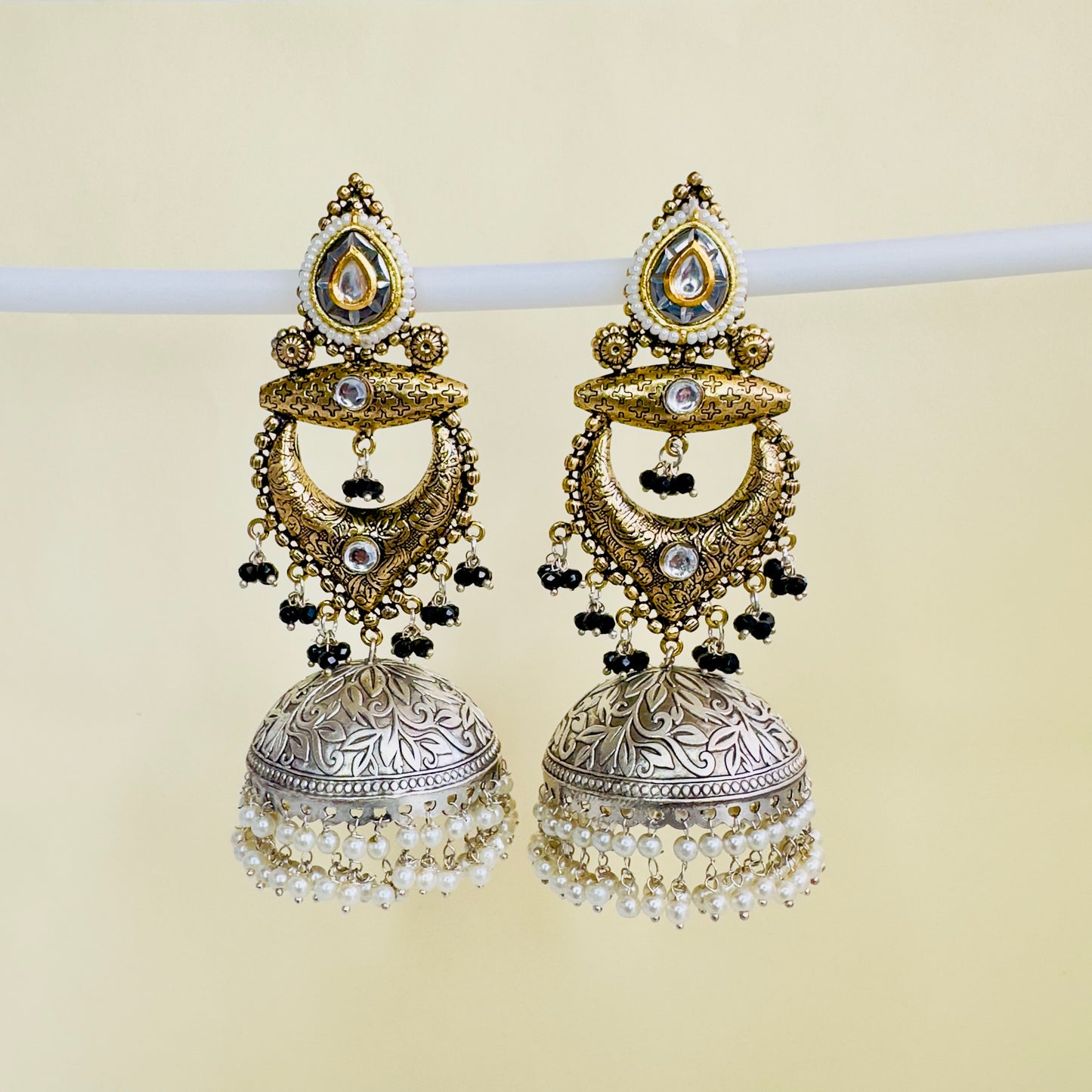 Dual Tone Silver replica Chandbaali Jhumki Earrings