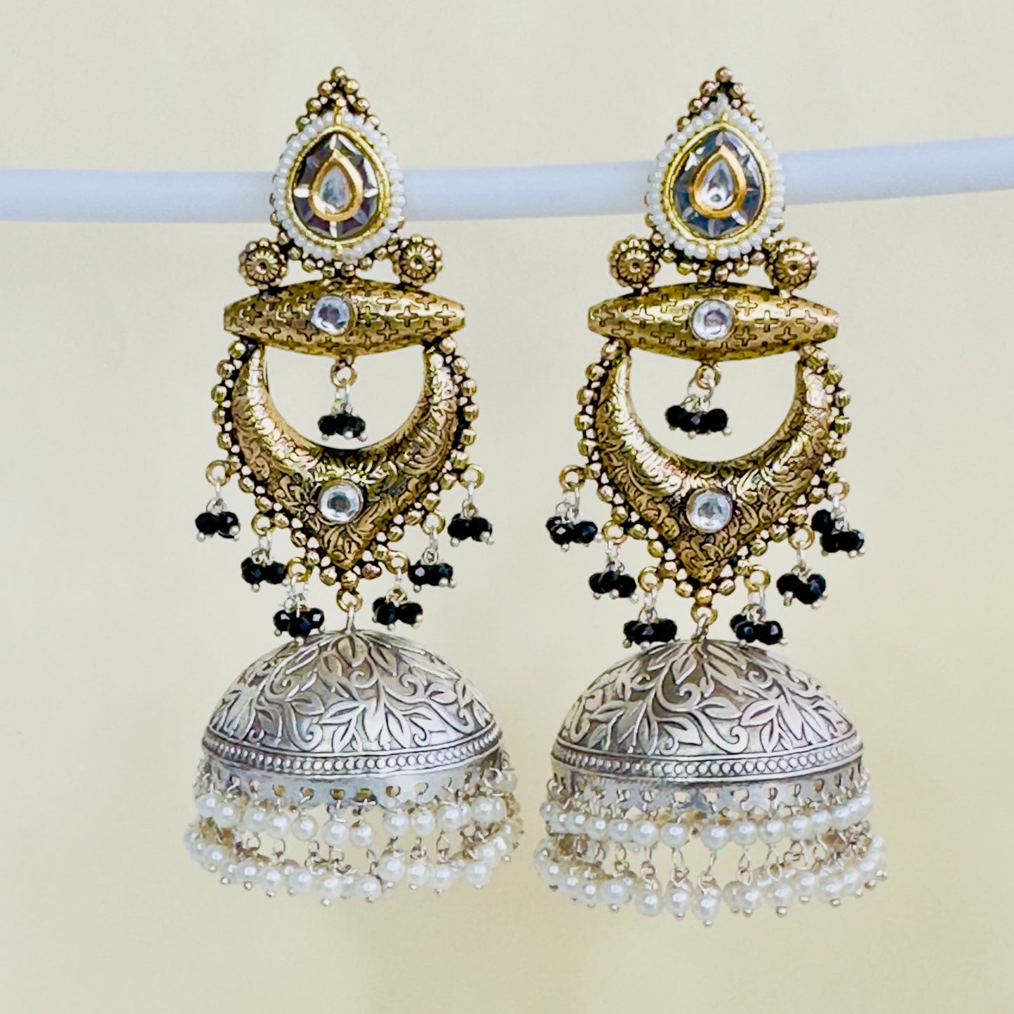 Dual Tone Silver replica Chandbaali Jhumki Earrings