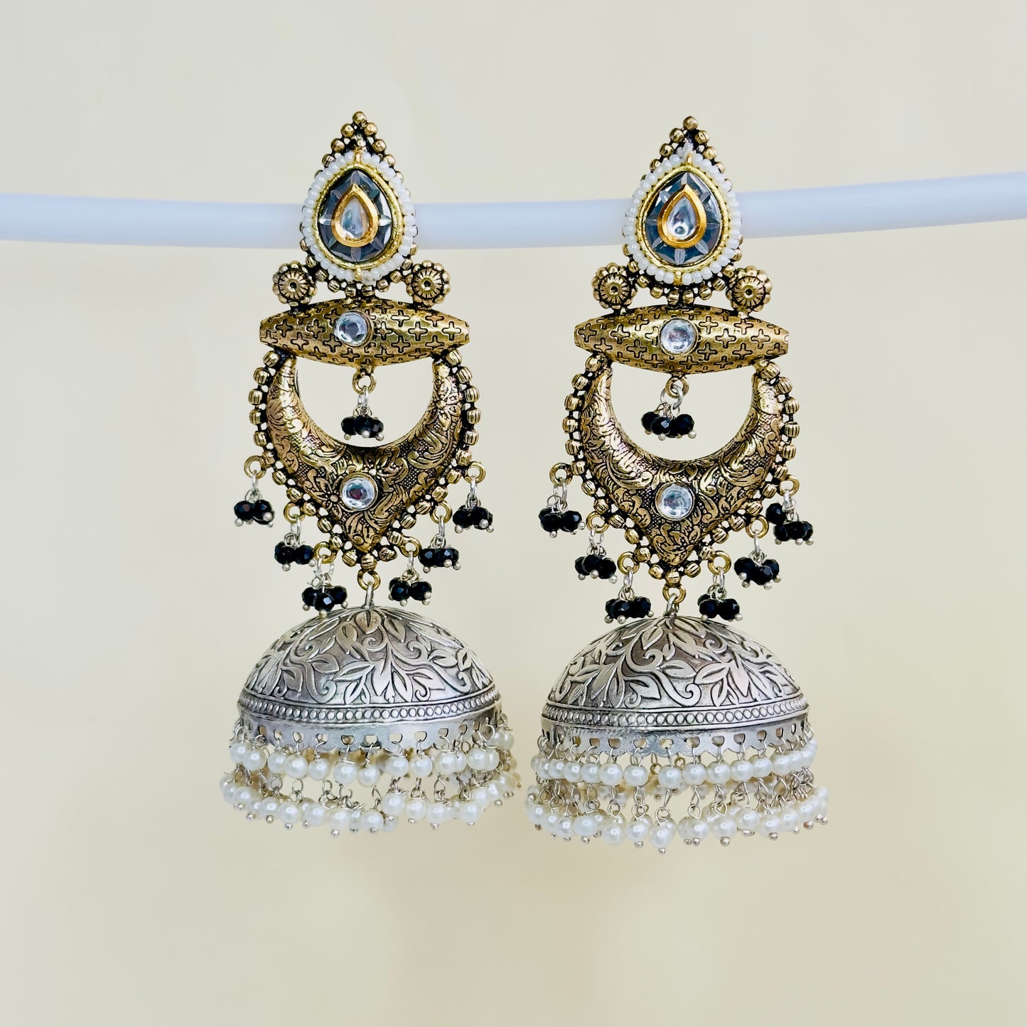 Dual Tone Silver replica Chandbaali Jhumki Earrings