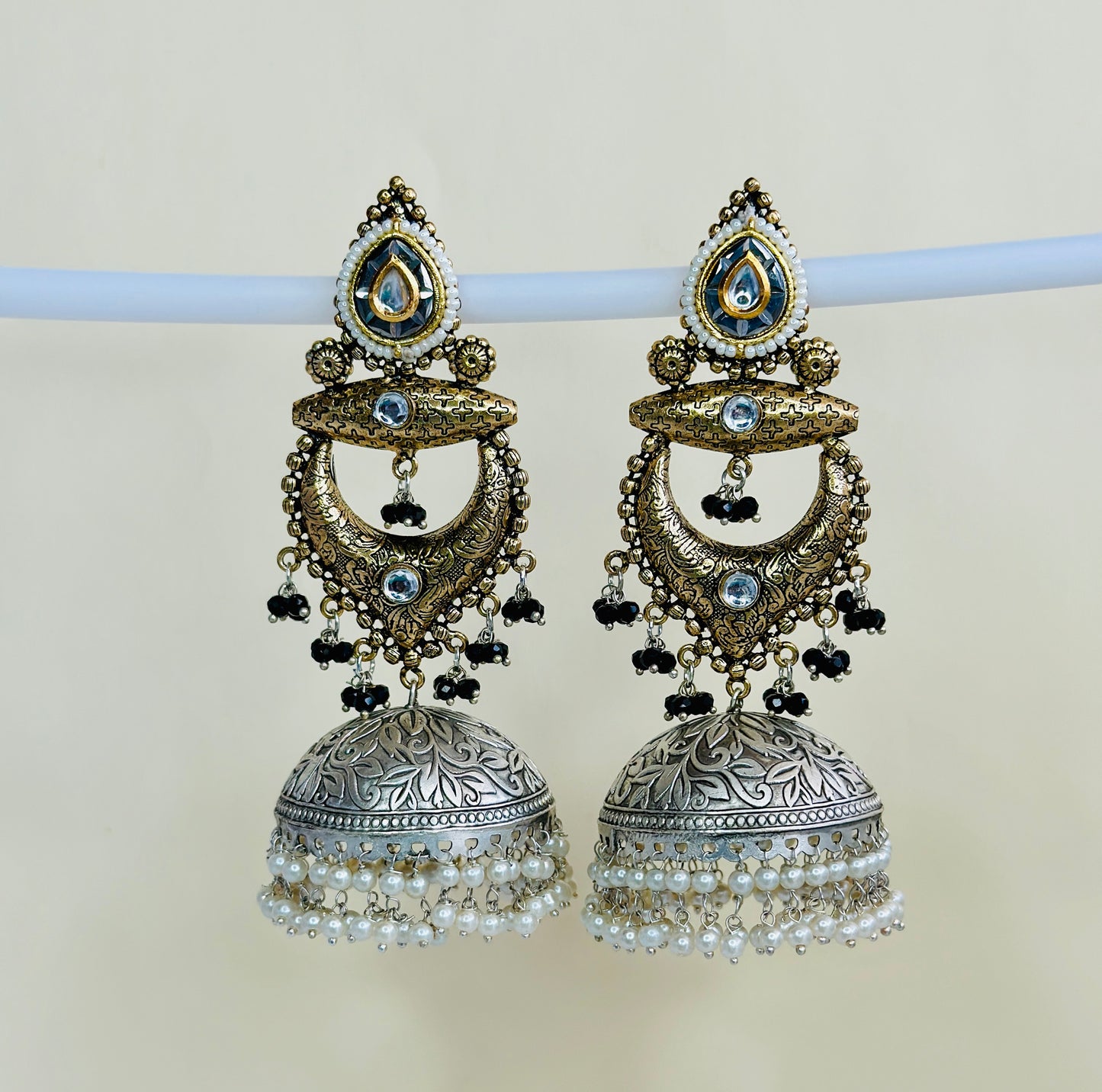 Dual Tone Silver replica Chandbaali Jhumki Earrings