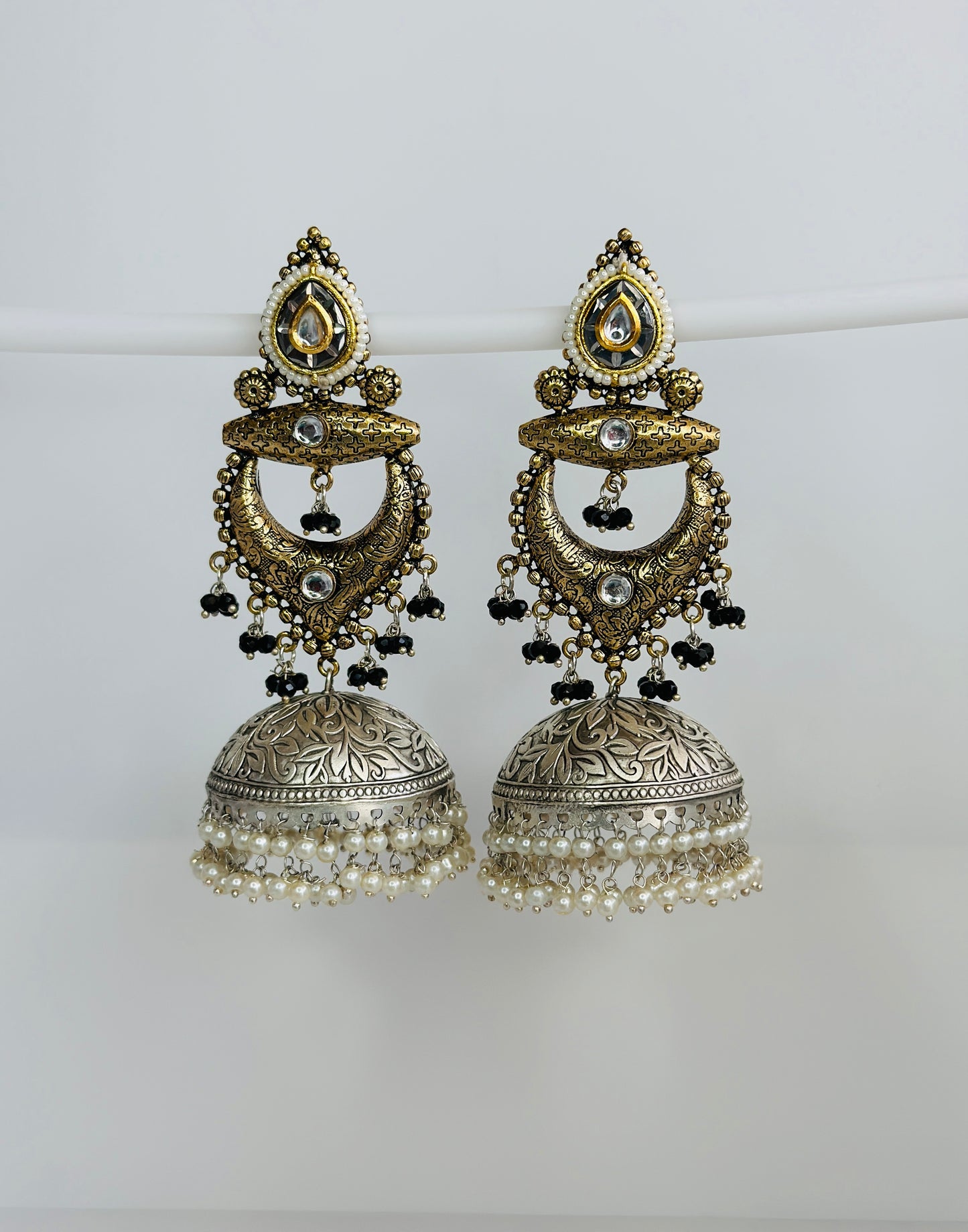Dual Tone Silver replica Chandbaali Jhumki Earrings