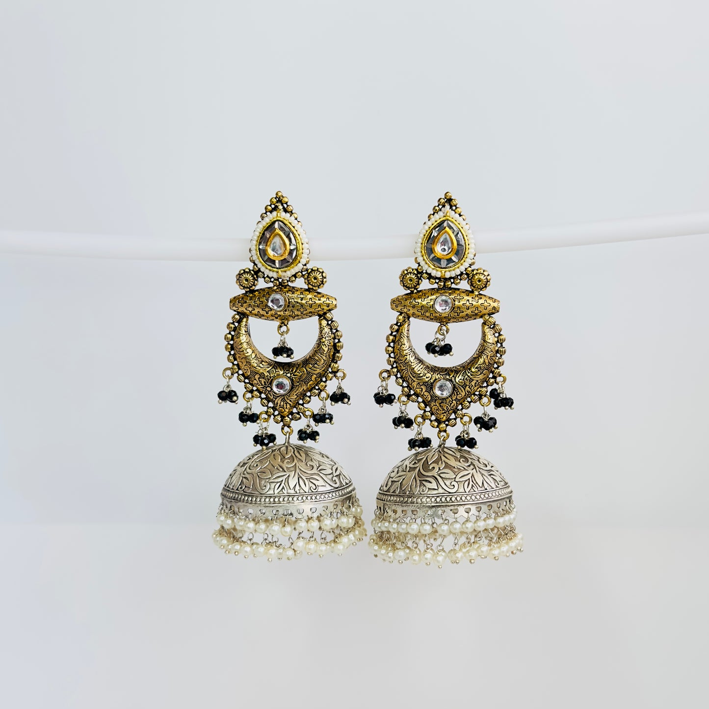 Dual Tone Silver replica Chandbaali Jhumki Earrings