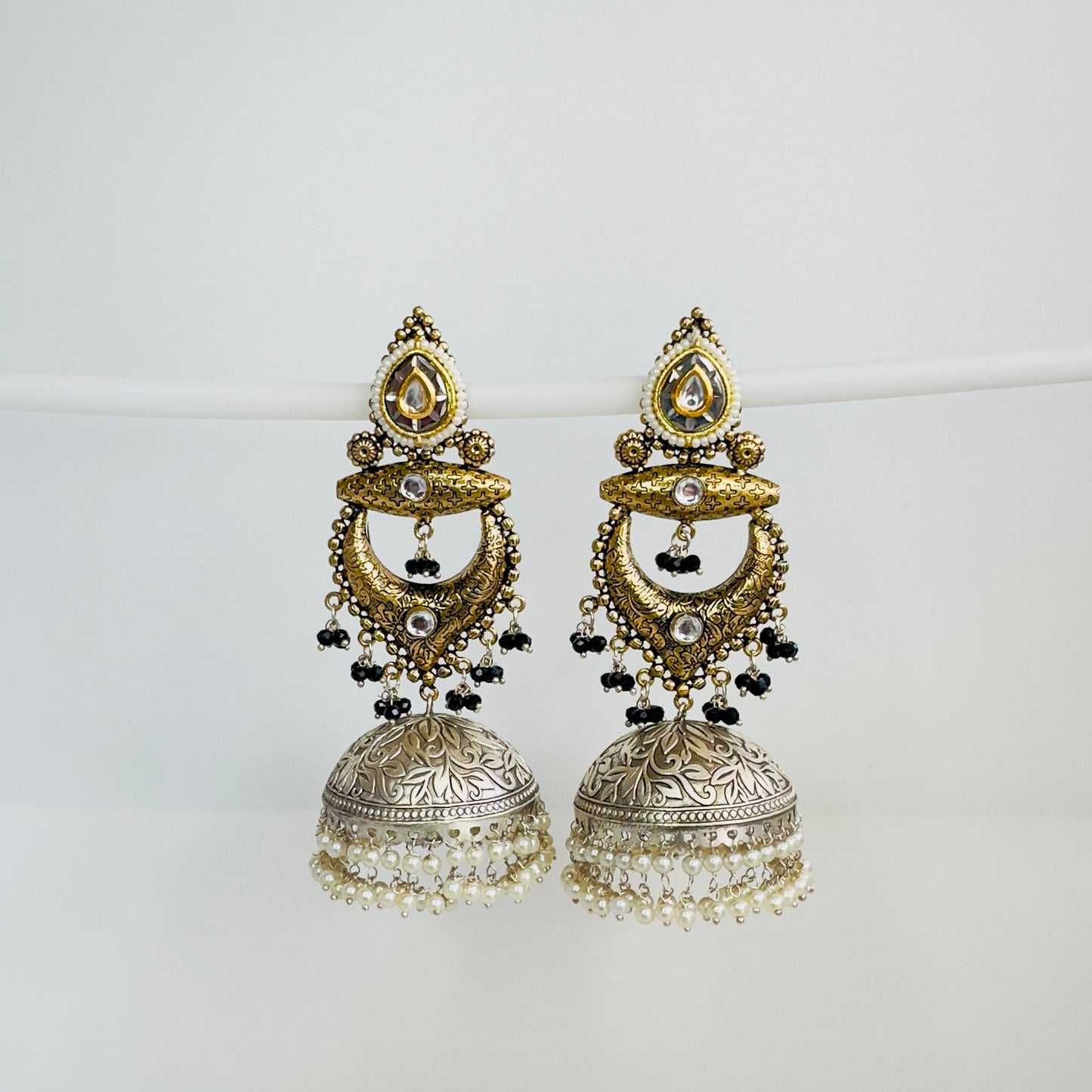 Dual Tone Silver replica Chandbaali Jhumki Earrings