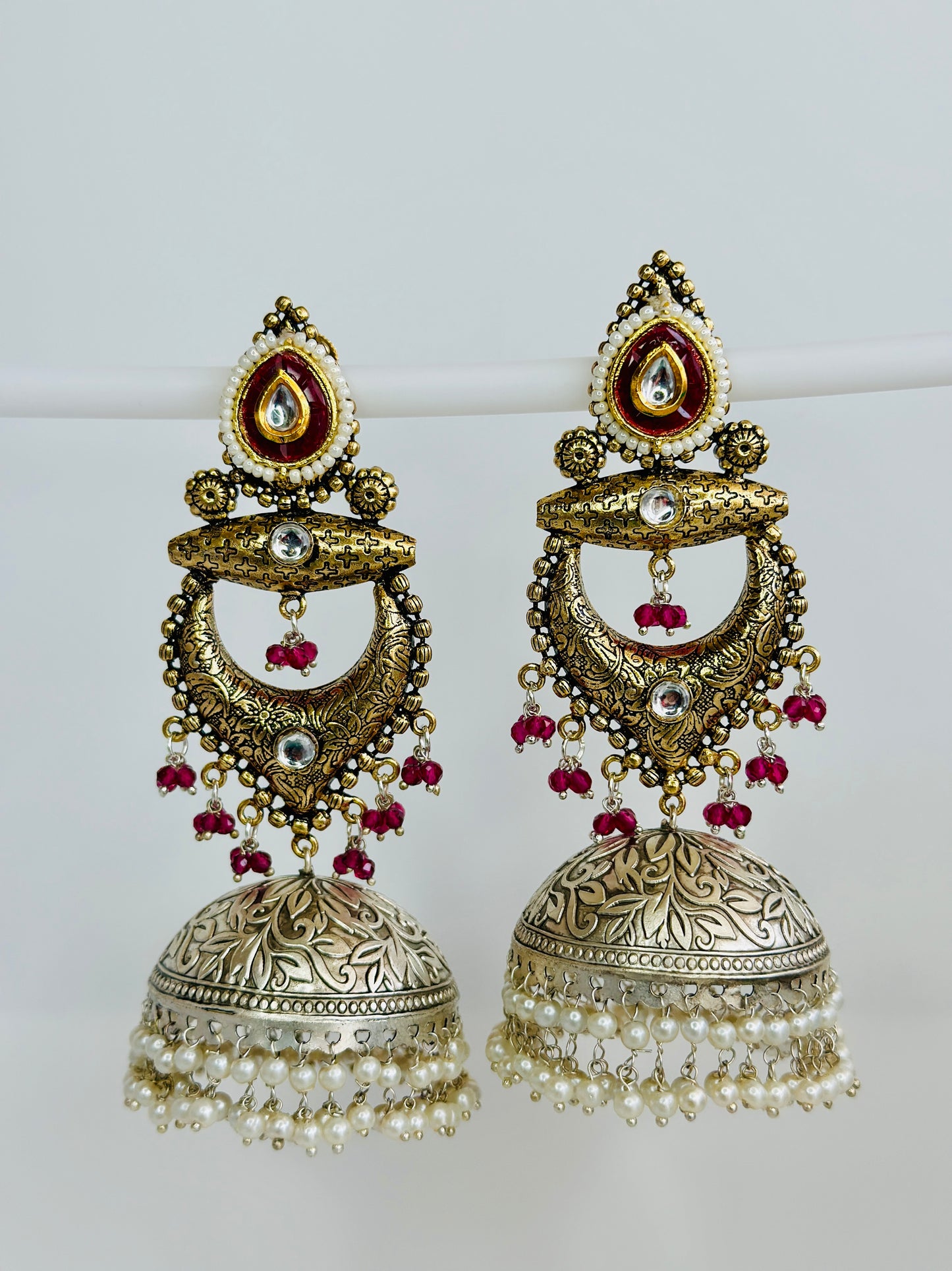 Dual Tone Silver replica Chandbaali Jhumki Earrings