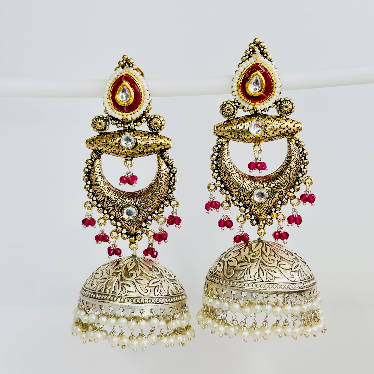 Dual Tone Silver replica Chandbaali Jhumki Earrings