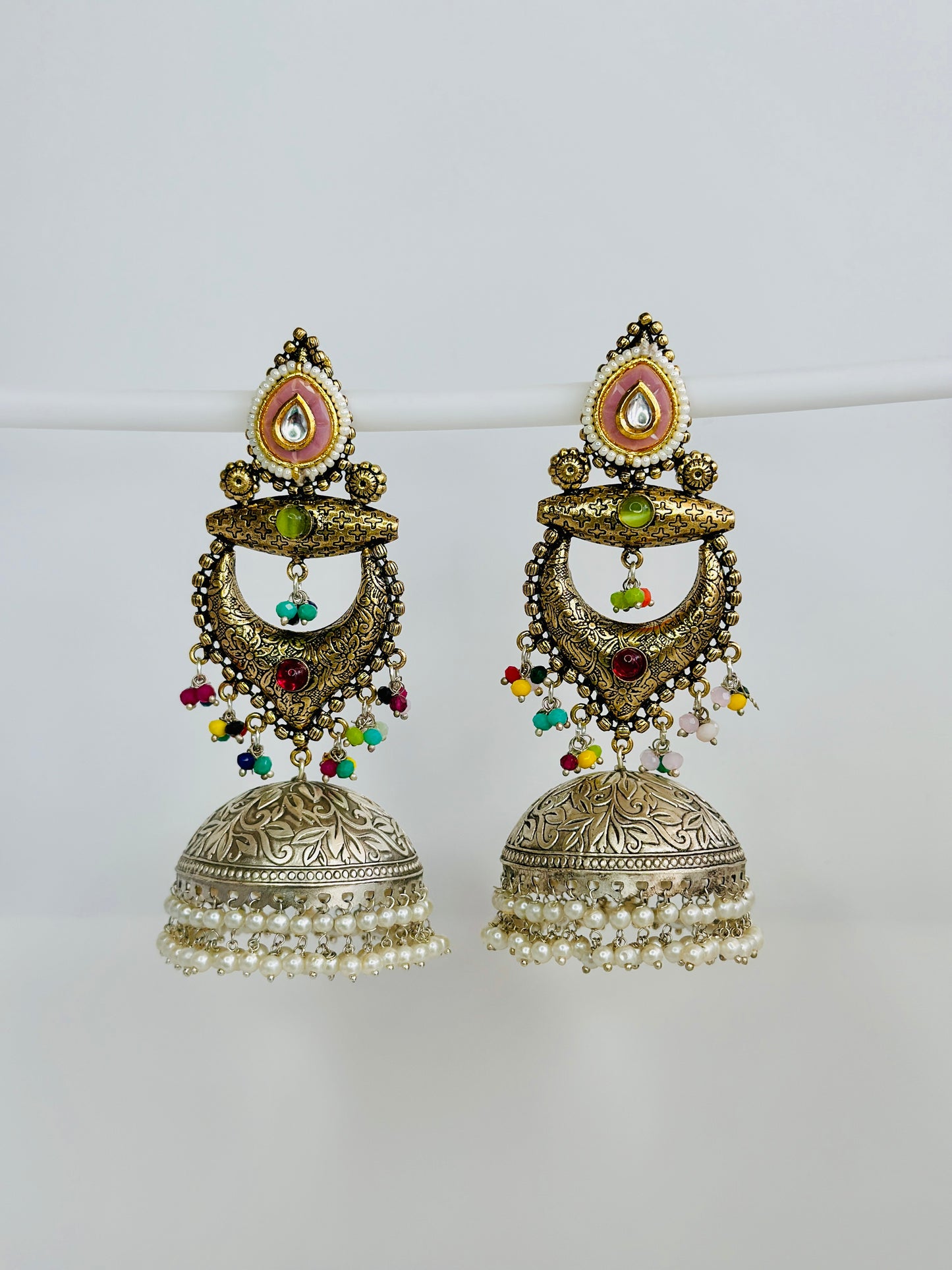 Dual Tone Silver replica Chandbaali Jhumki Earrings