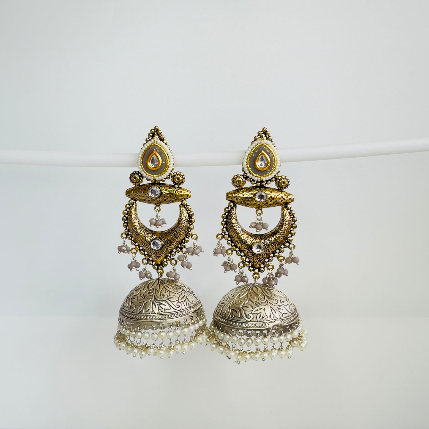 Dual Tone Silver replica Chandbaali Jhumki Earrings