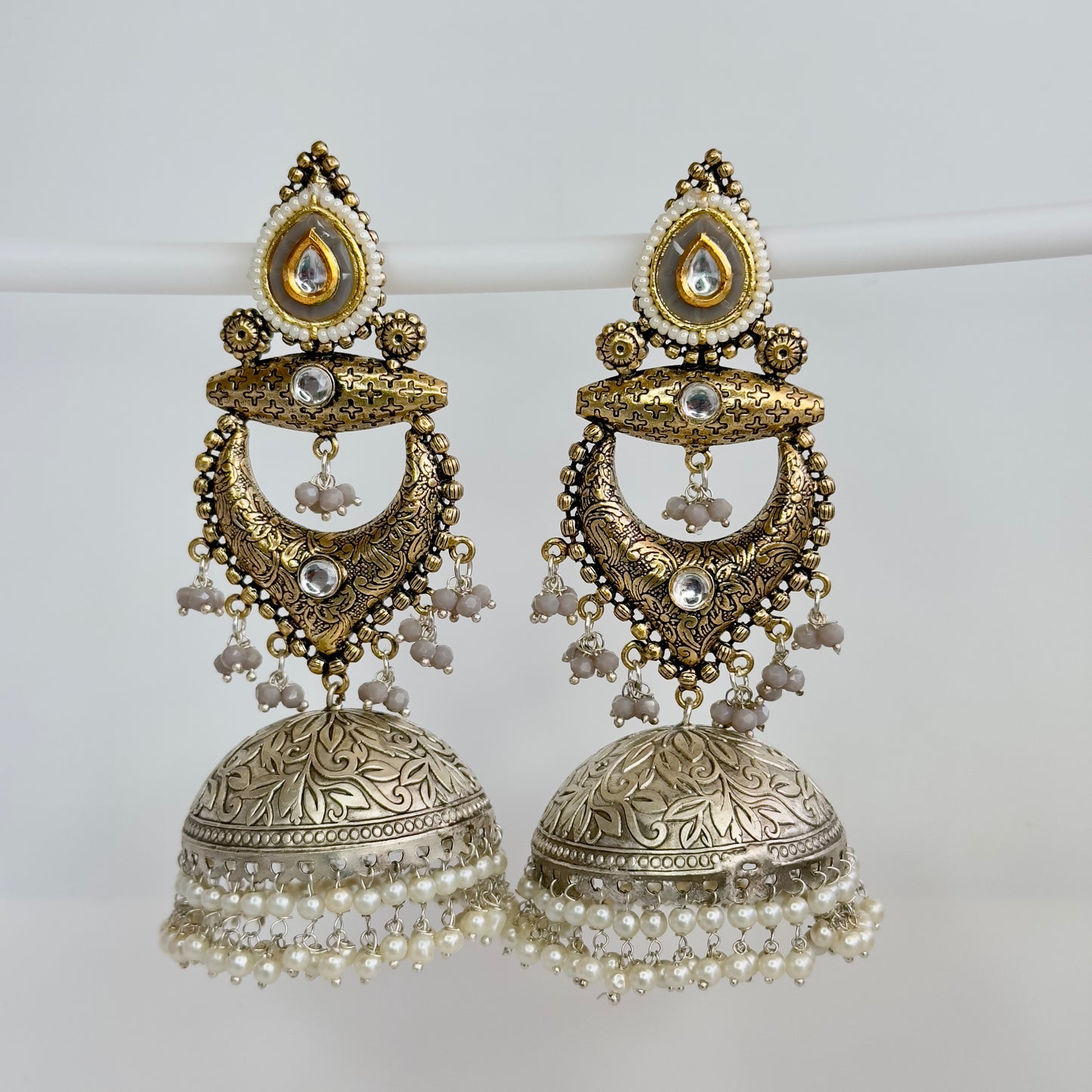 Dual Tone Silver replica Chandbaali Jhumki Earrings