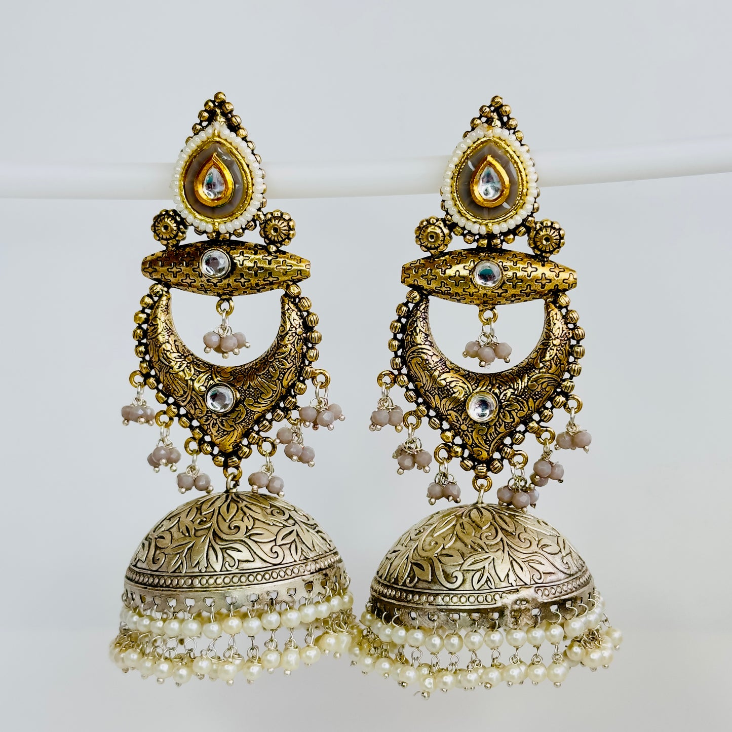 Dual Tone Silver replica Chandbaali Jhumki Earrings