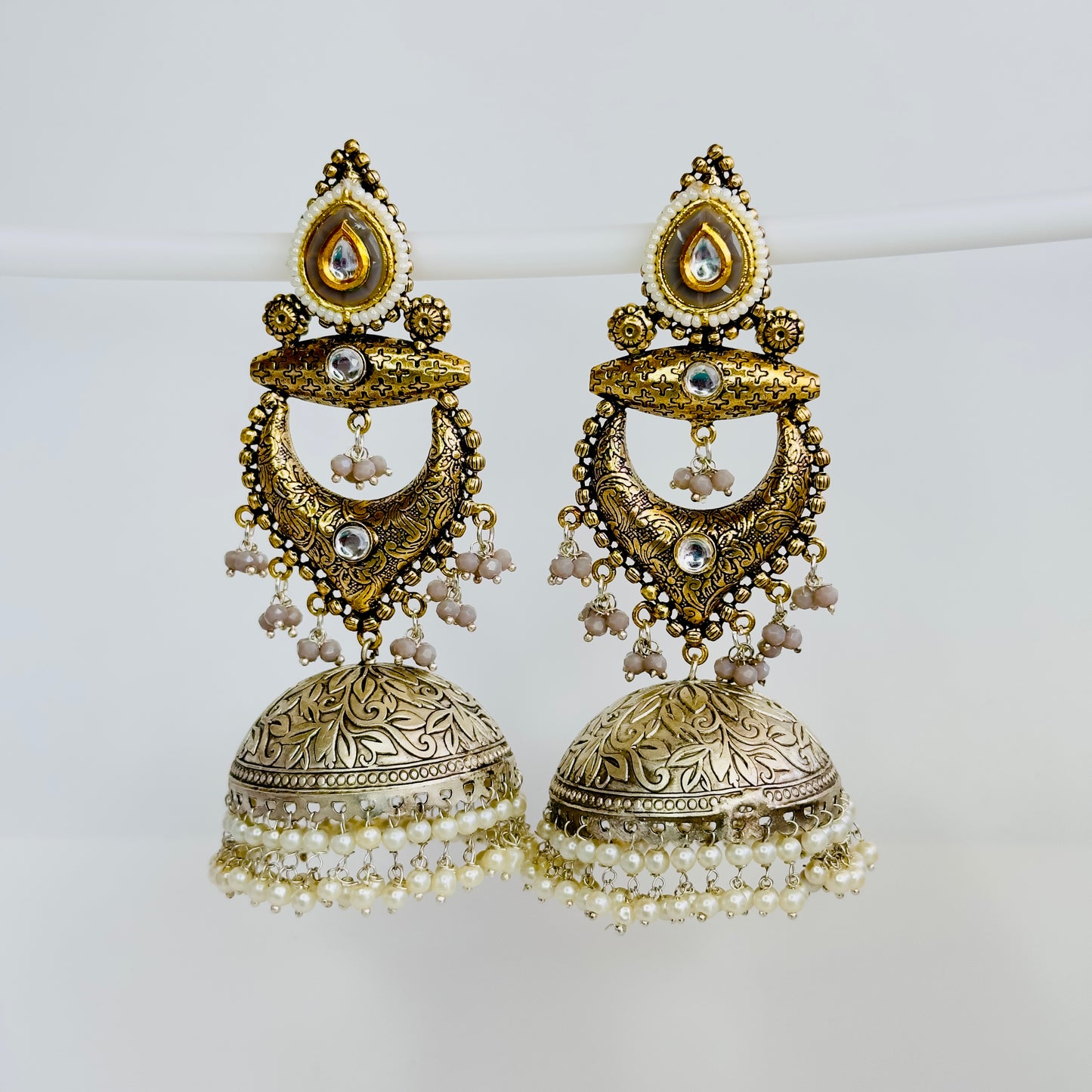 Dual Tone Silver replica Chandbaali Jhumki Earrings