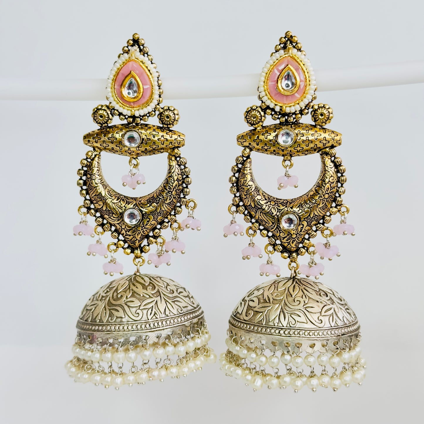 Dual Tone Silver replica Chandbaali Jhumki Earrings