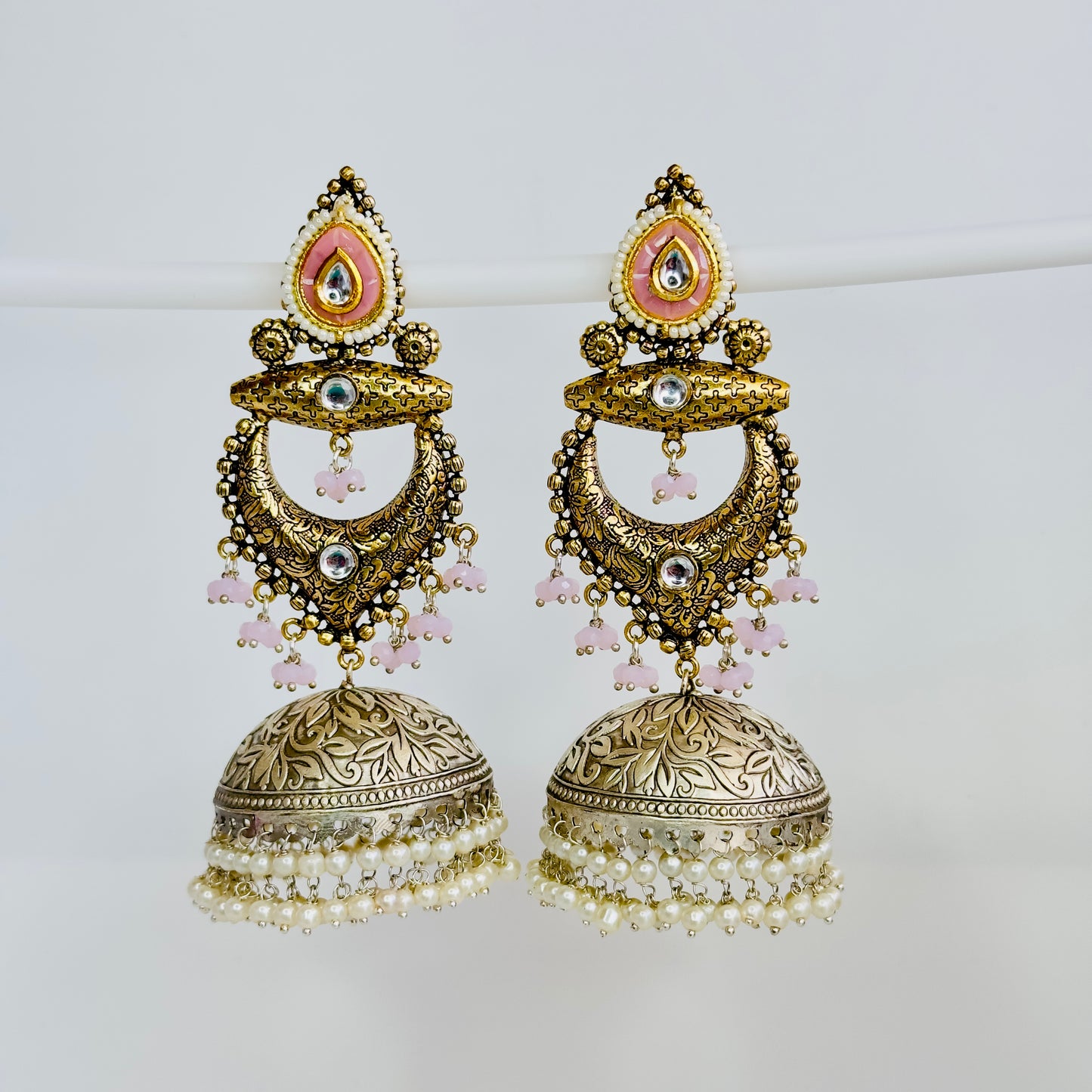 Dual Tone Silver replica Chandbaali Jhumki Earrings