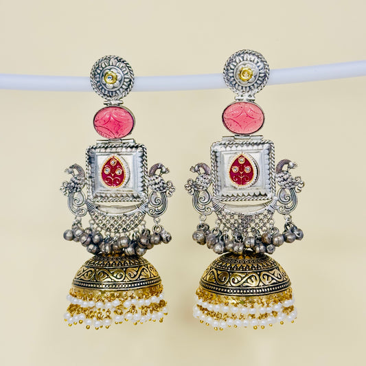 Dual Tone Peacock Silver Jhumka Earrings