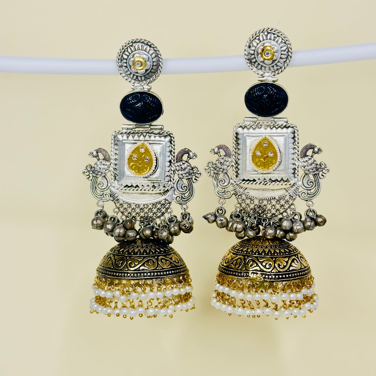 Dual Tone Peacock Jhumka Earrings