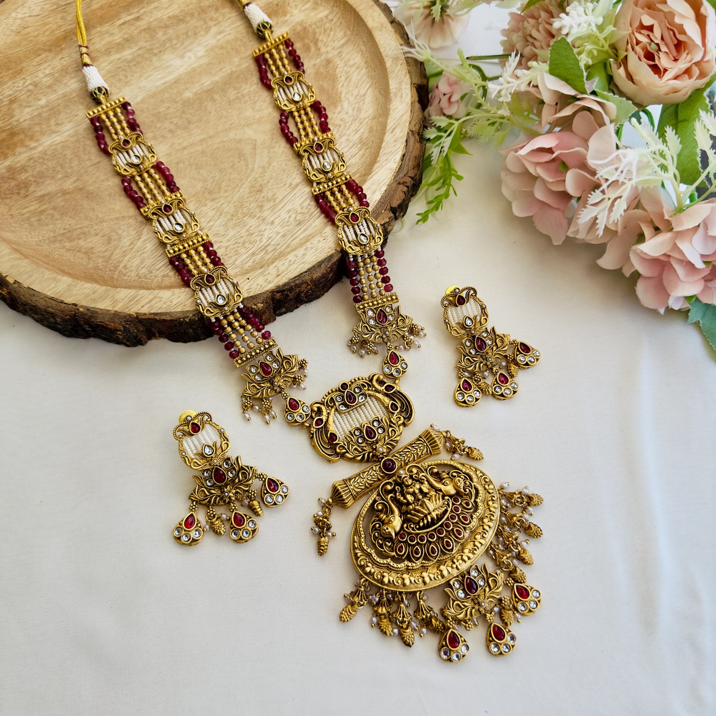 Laxmi Ji motif Long Temple Necklace Set