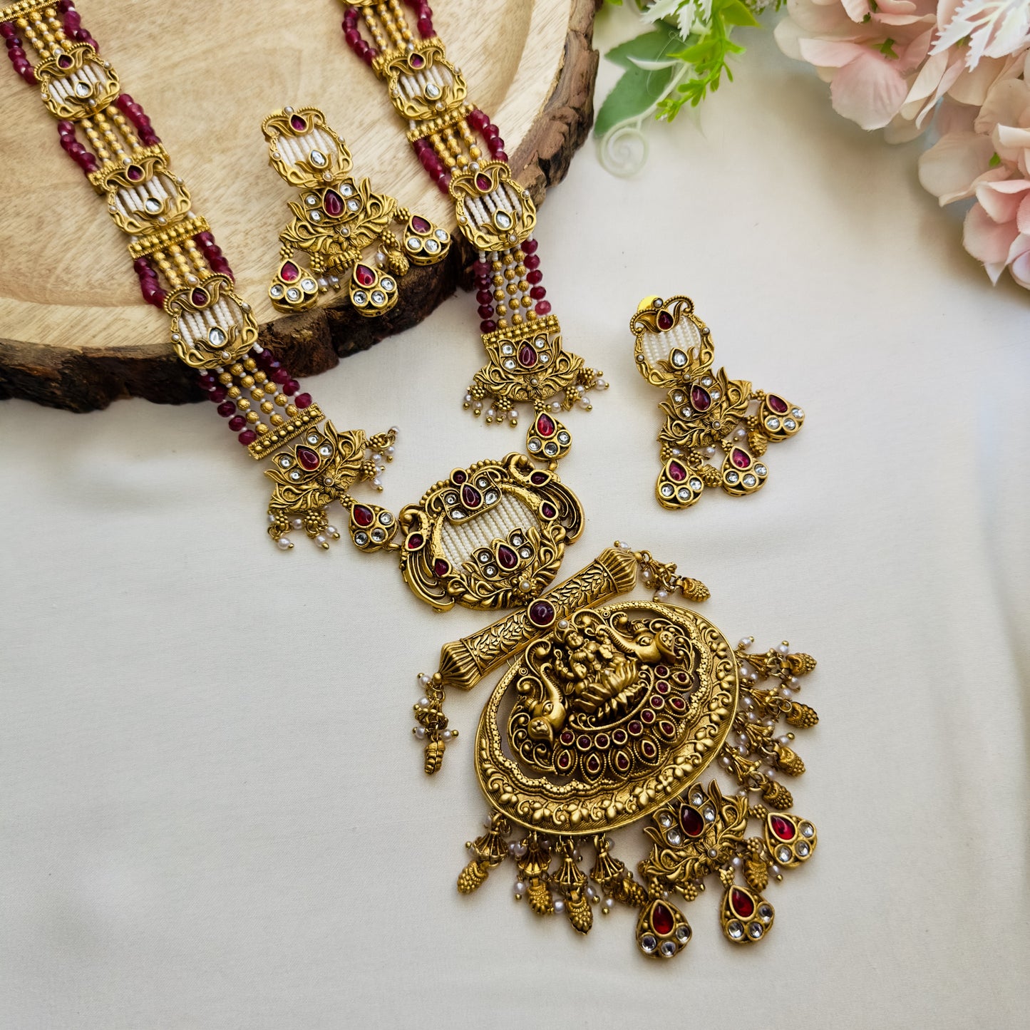 Laxmi Ji motif Long Temple Necklace Set