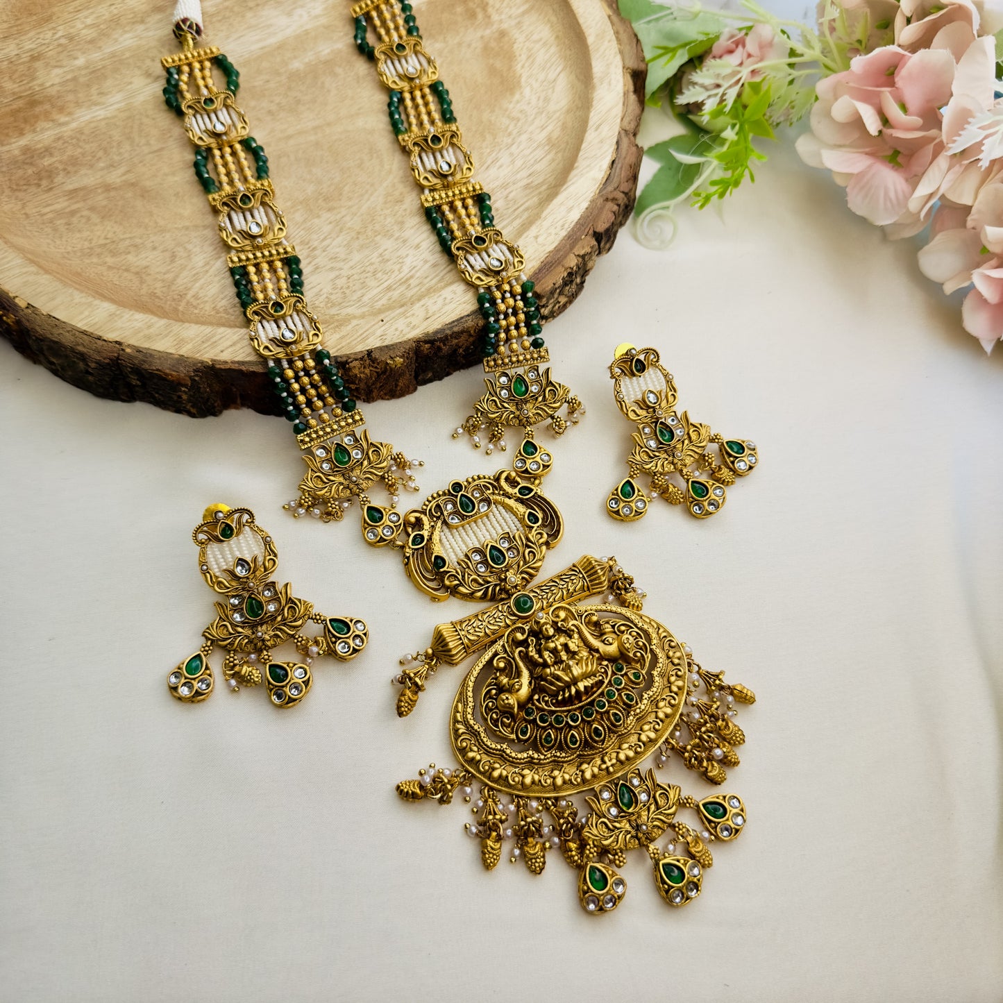 Laxmi Ji motif Long Temple Necklace Set