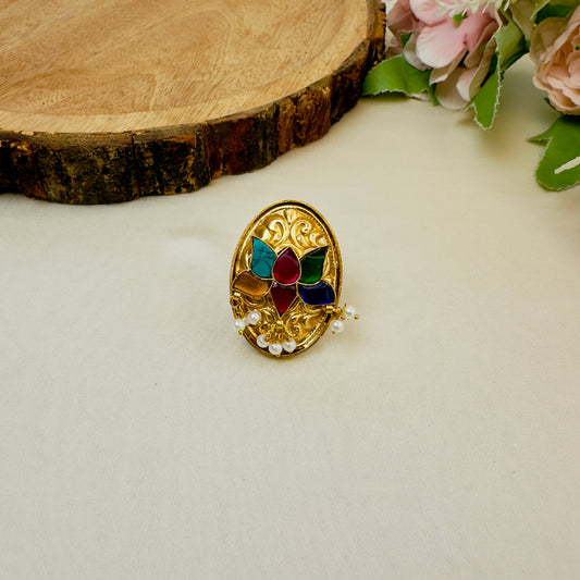 Lotus Golden Polish Jadau Ring