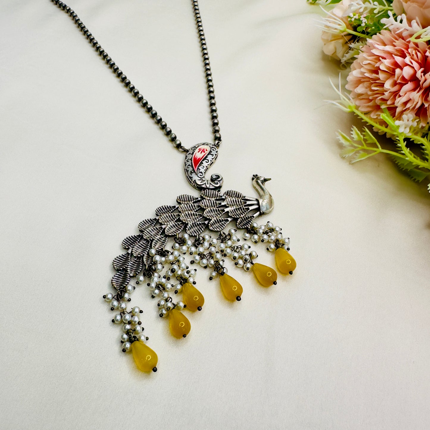 Yellow Peacock Silver Plated Necklace