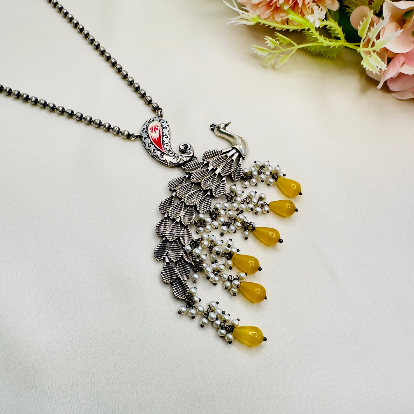 Yellow Peacock Silver Plated Necklace