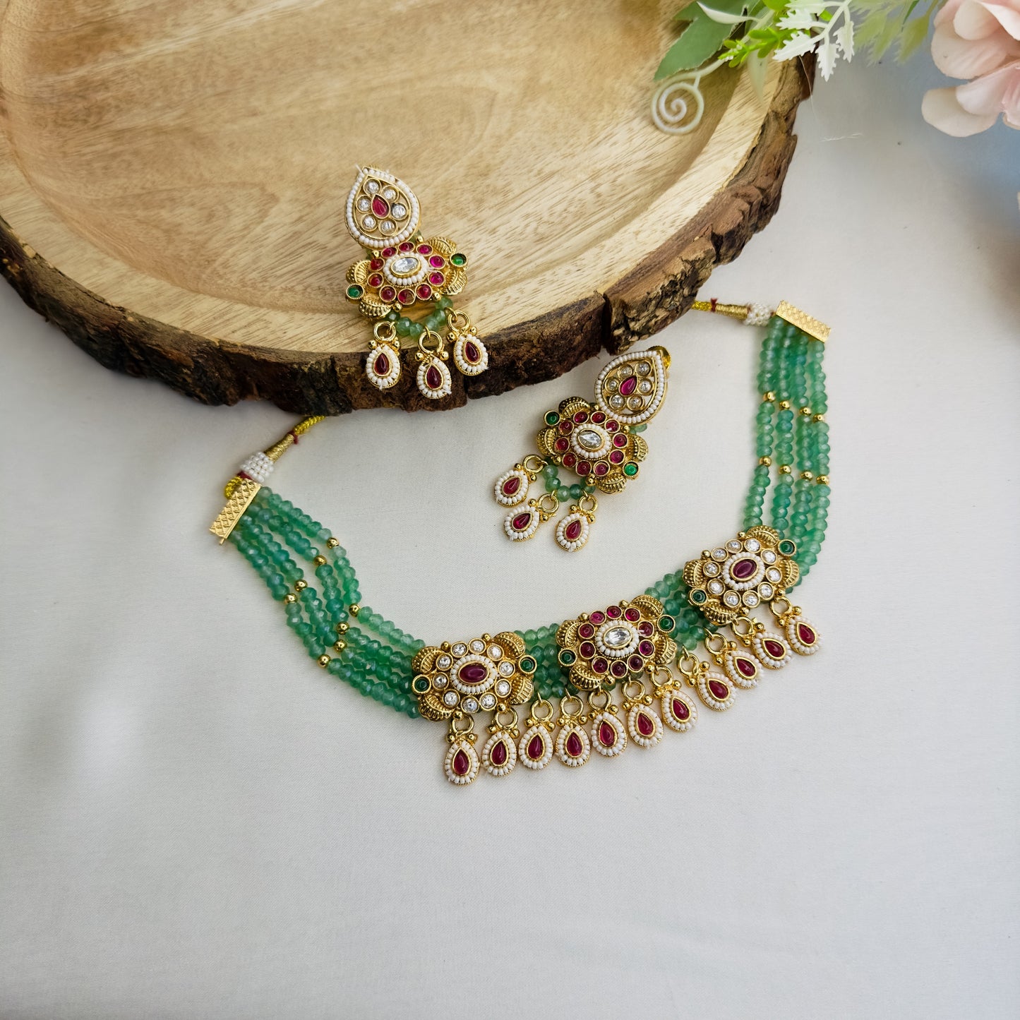 Three Pendant Rajwadi Necklace Set