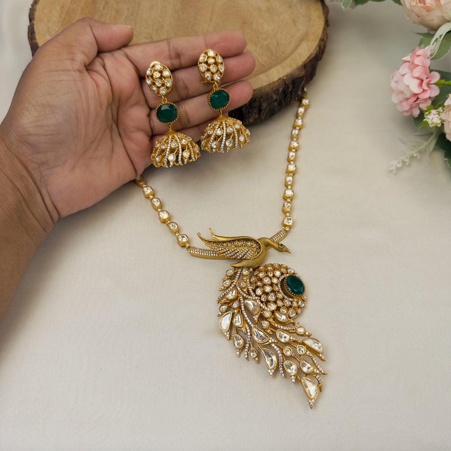 Premium Moissanite Peacock Pendant Necklace Set
