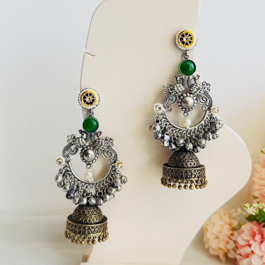 Silver Replica Chandbaali peacock Earrings