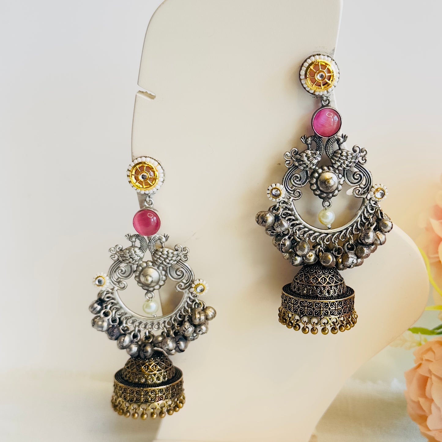 Silver Replica Chandbaali peacock Earrings