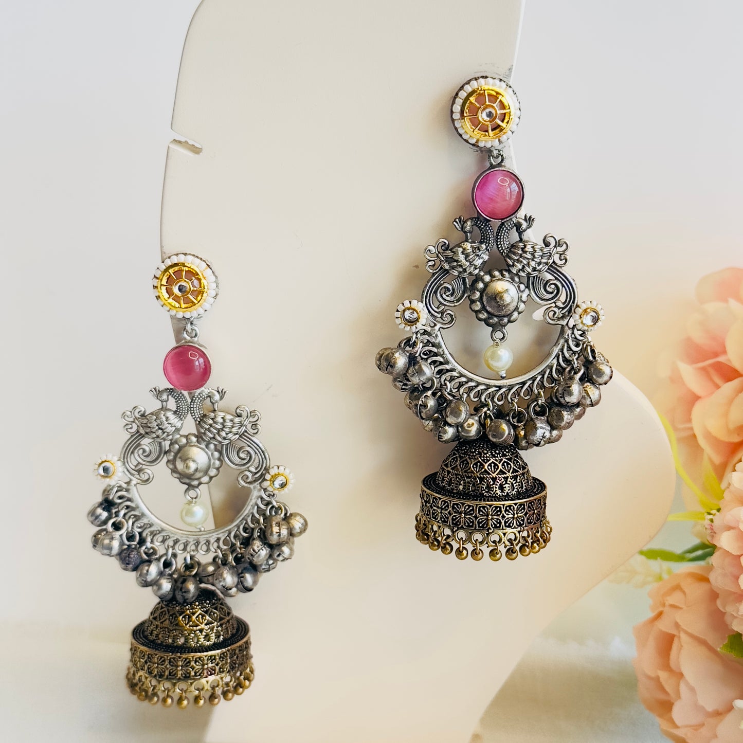 Silver Replica Chandbaali peacock Earrings