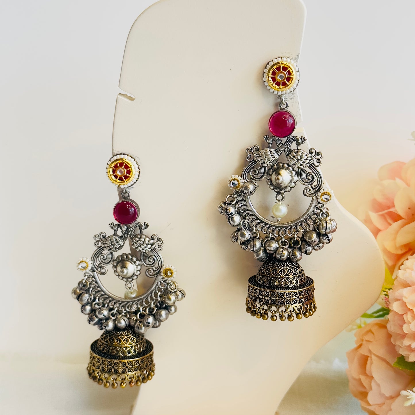 Silver Replica Chandbaali peacock Earrings