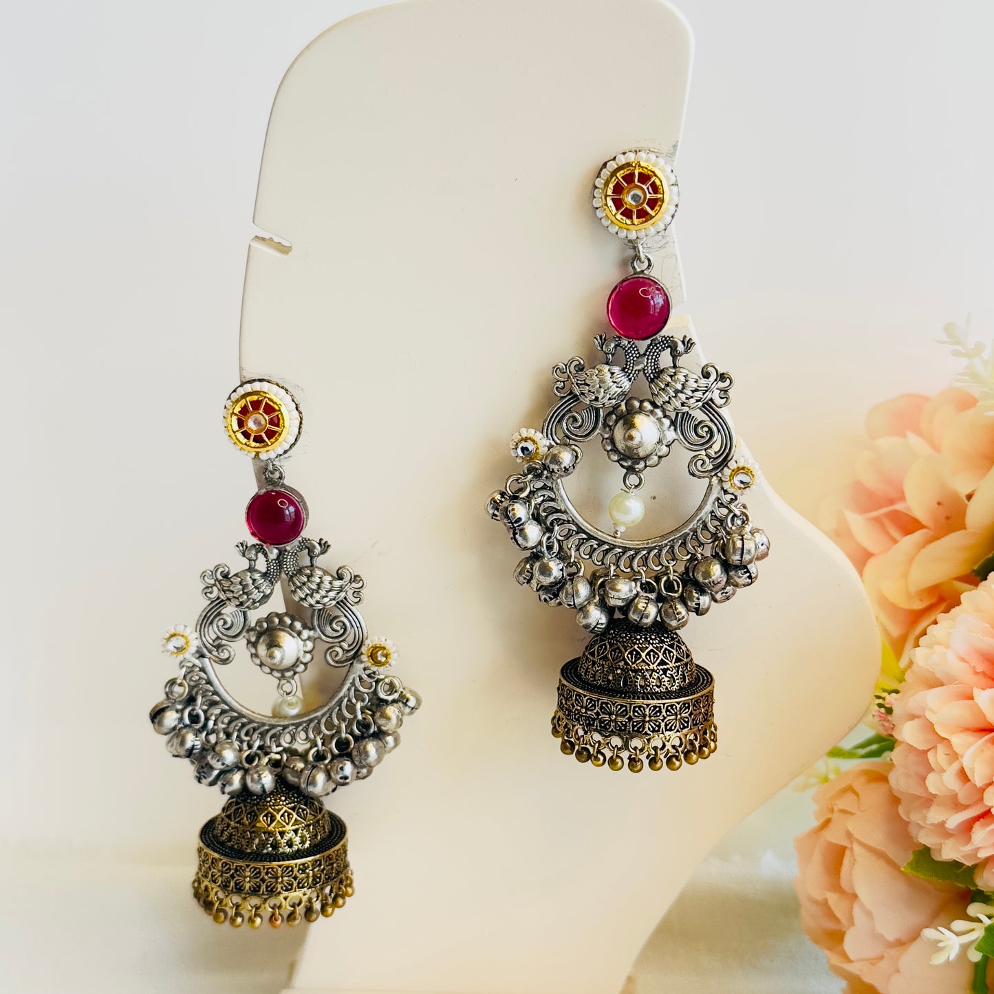 Silver Replica Chandbaali peacock Earrings